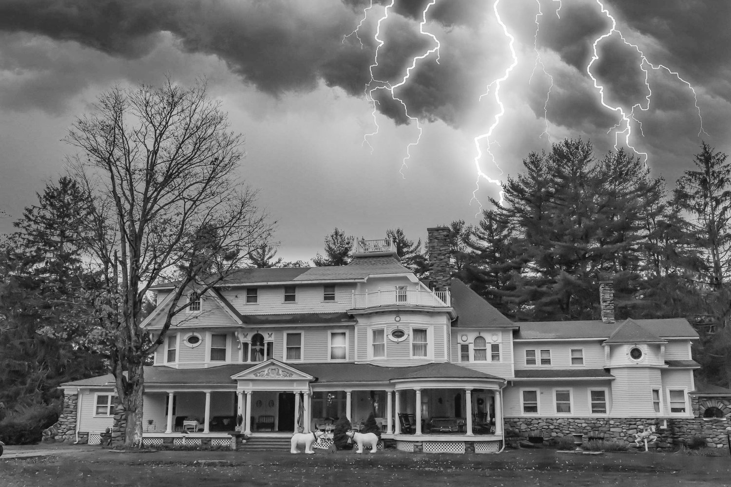 Lightning cracks over the haunted Burn Brae Mansion in Glen Spey.